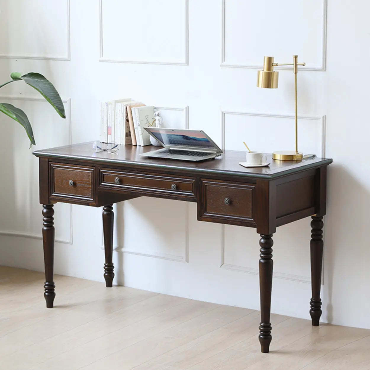 Classic Nut-Brown Wood Drawer Computer Desk — White / Table Only