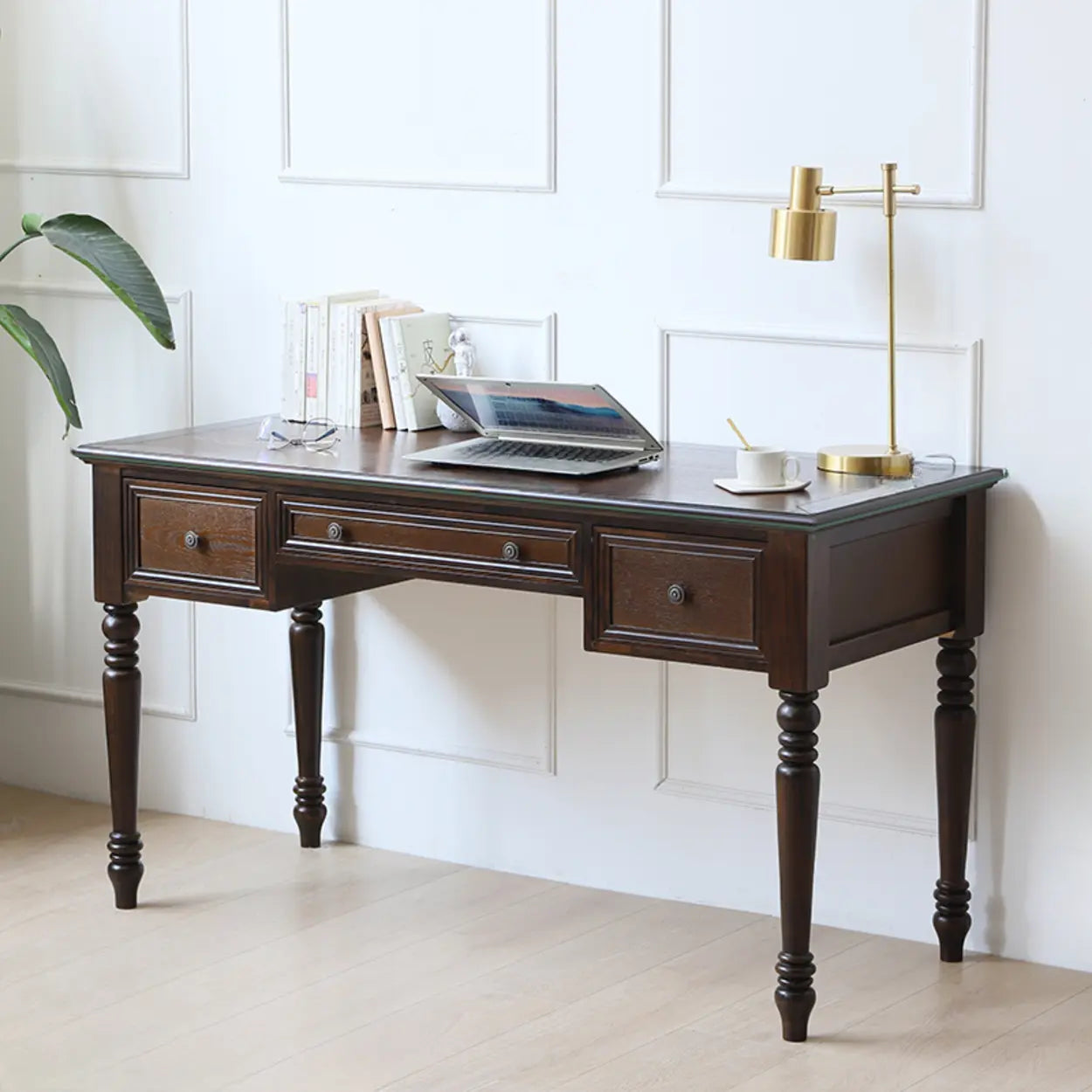 Classic Nut-Brown Wood Drawer Computer Desk — White / Table Only
