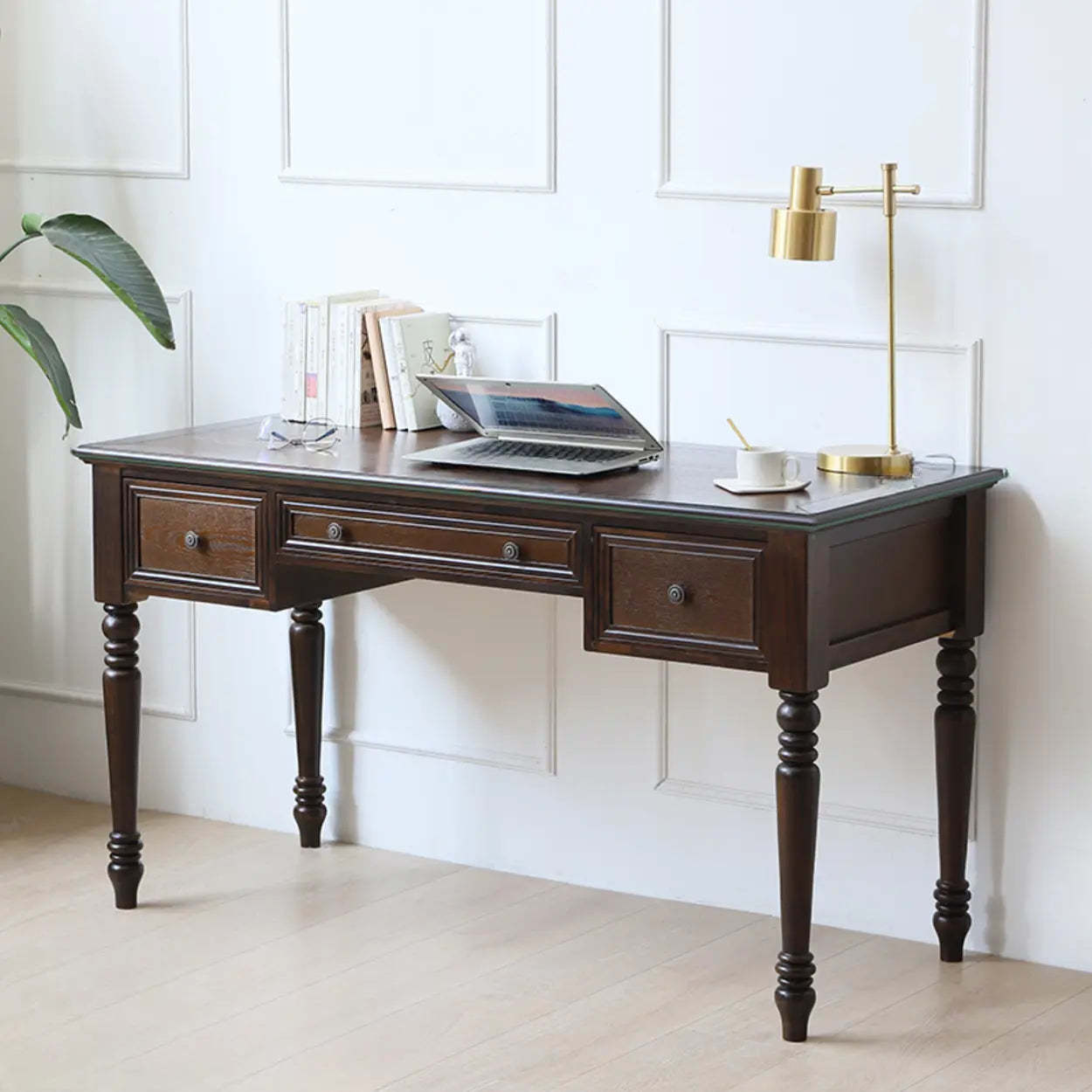 Classic Nut-Brown Wood Drawer Computer Desk — White / Table Only
