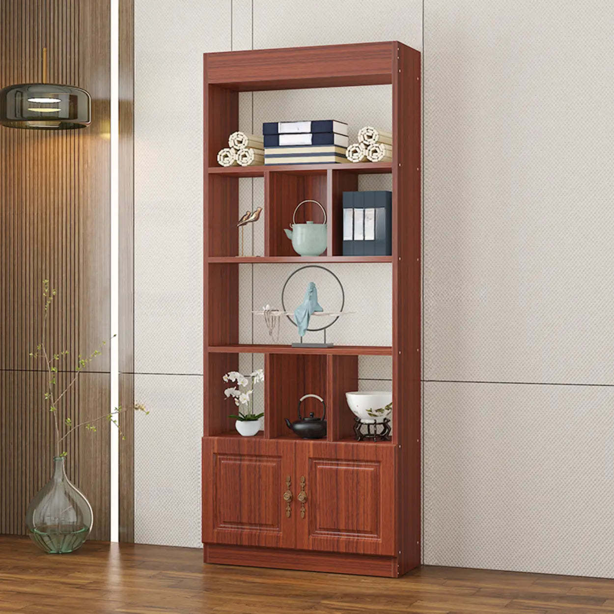 Modern storage open wine cabinets in wood — 31.5" L x 11.8" W x 78.7" H / Teak