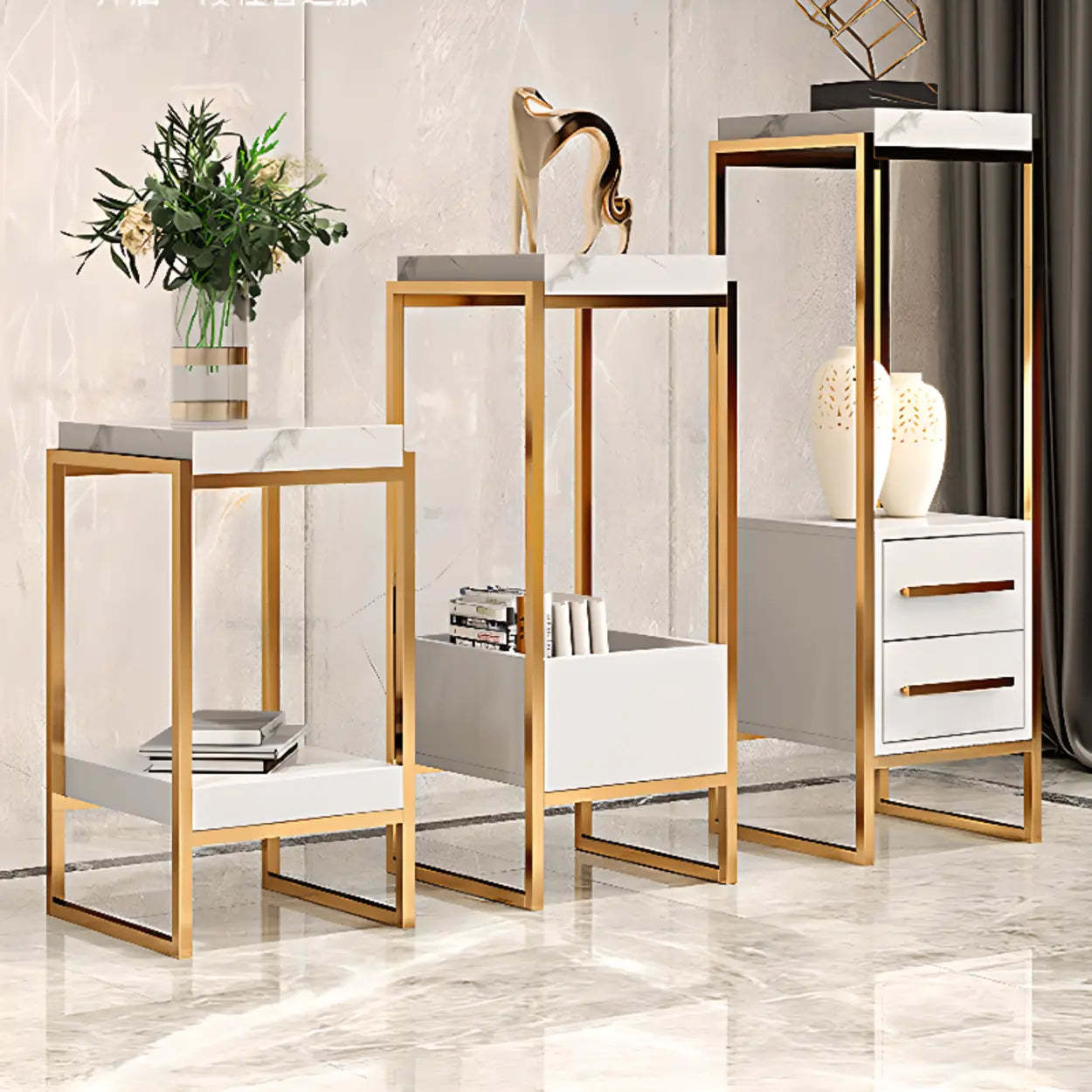 Classic Rectangle Faux Marble Plant Stand with Drawer — Black