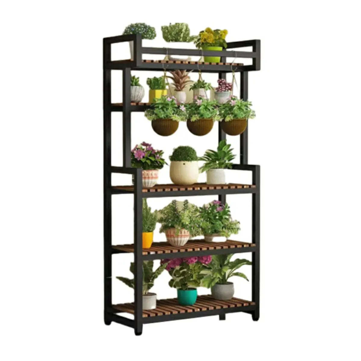 Classic Rectangle Wood Black Floor Plant Stand — Walnut/ Black / 5 Tiers