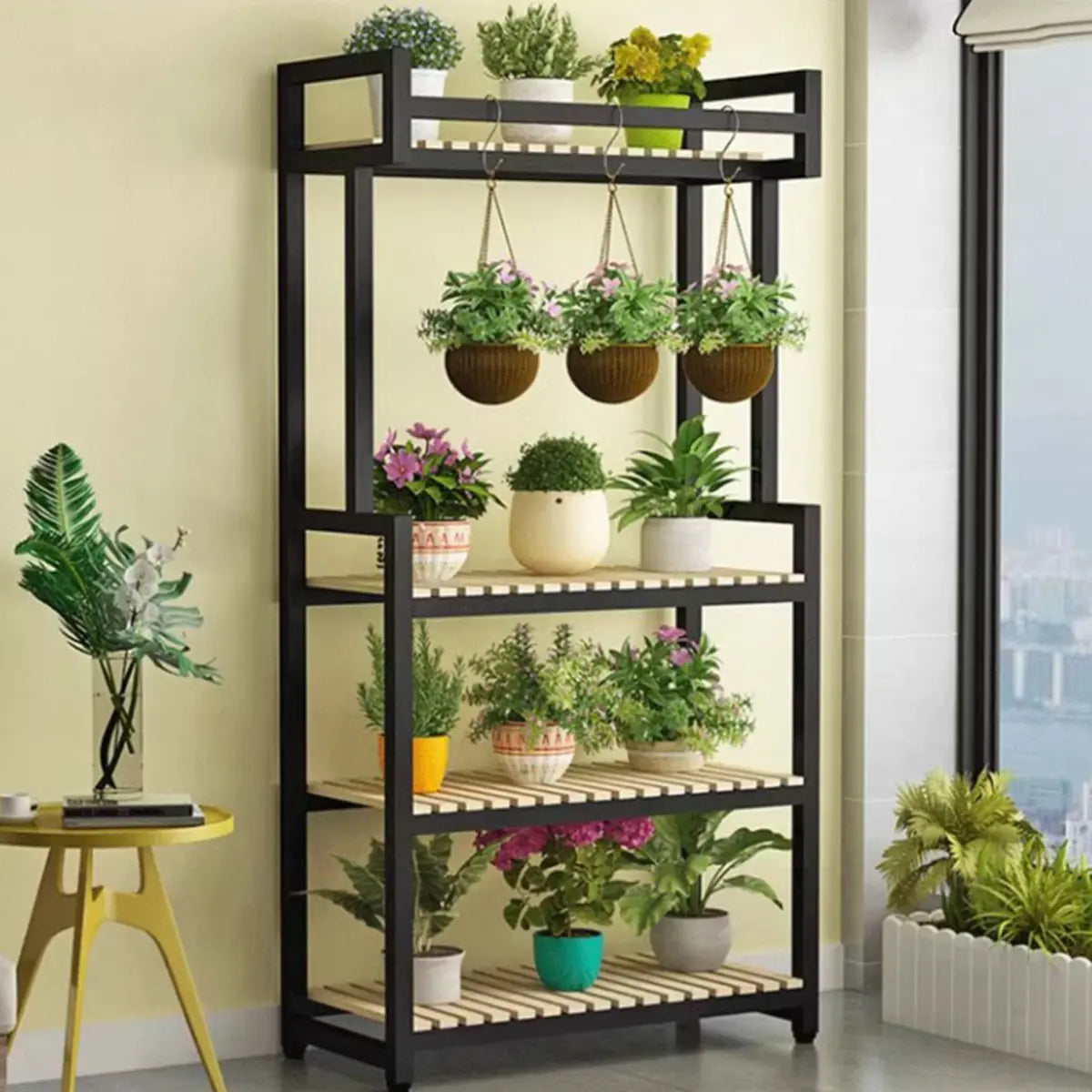 Classic Rectangle Wood Black Floor Plant Stand — Natural/ White / 5 Tiers