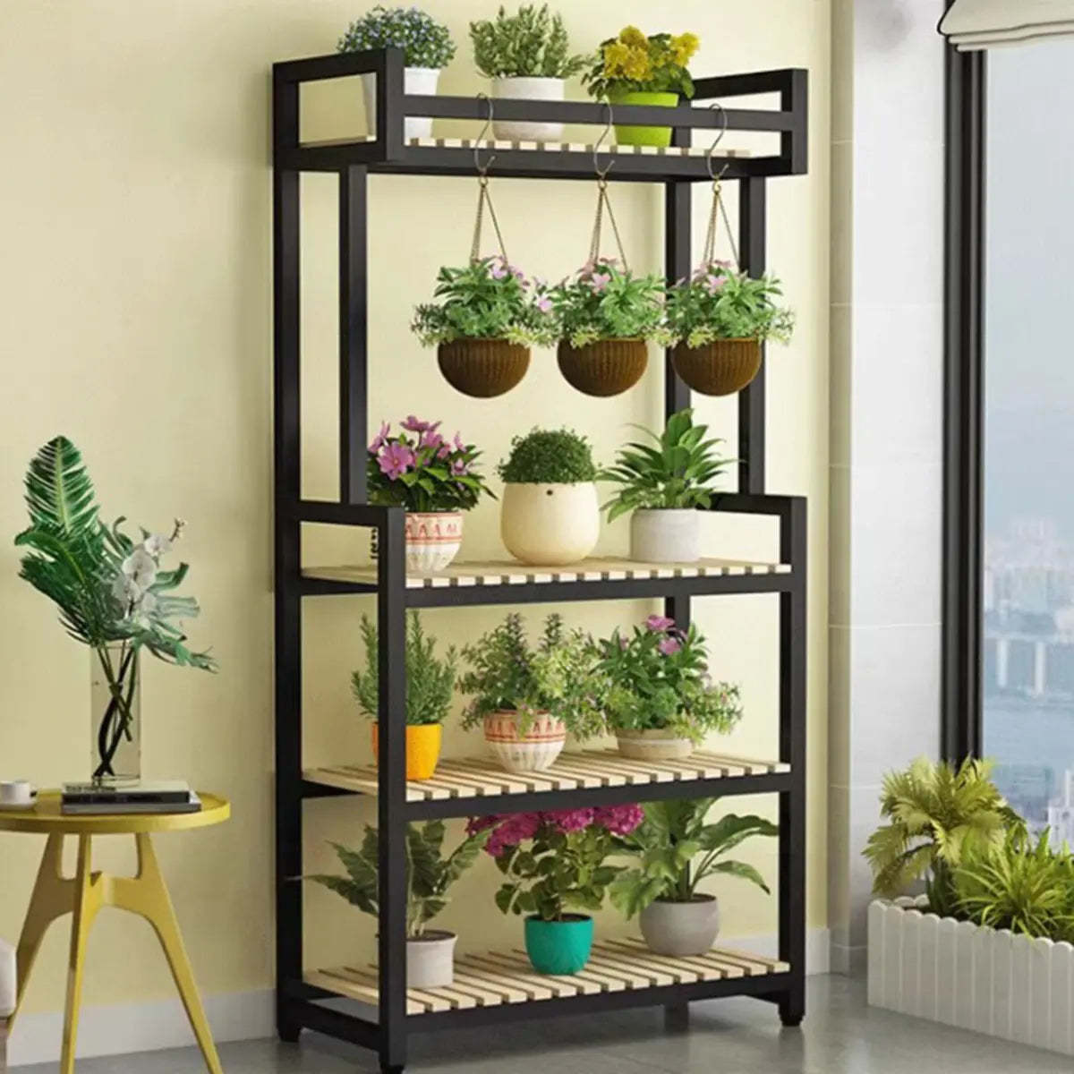 Classic Rectangle Wood Black Floor Plant Stand — Natural/ White / 5 Tiers