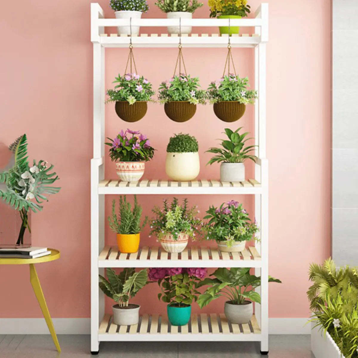 Classic Rectangle Wood Black Floor Plant Stand — Walnut/ Black / 5 Tiers