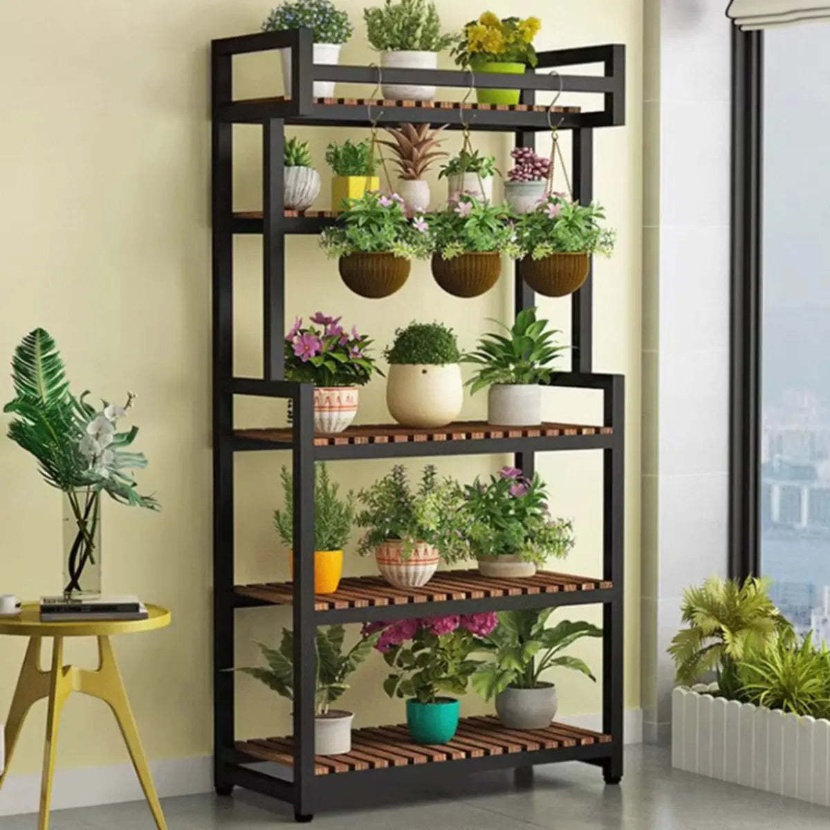 Classic Rectangle Wood Black Floor Plant Stand — Natural/ White / 4 Tiers