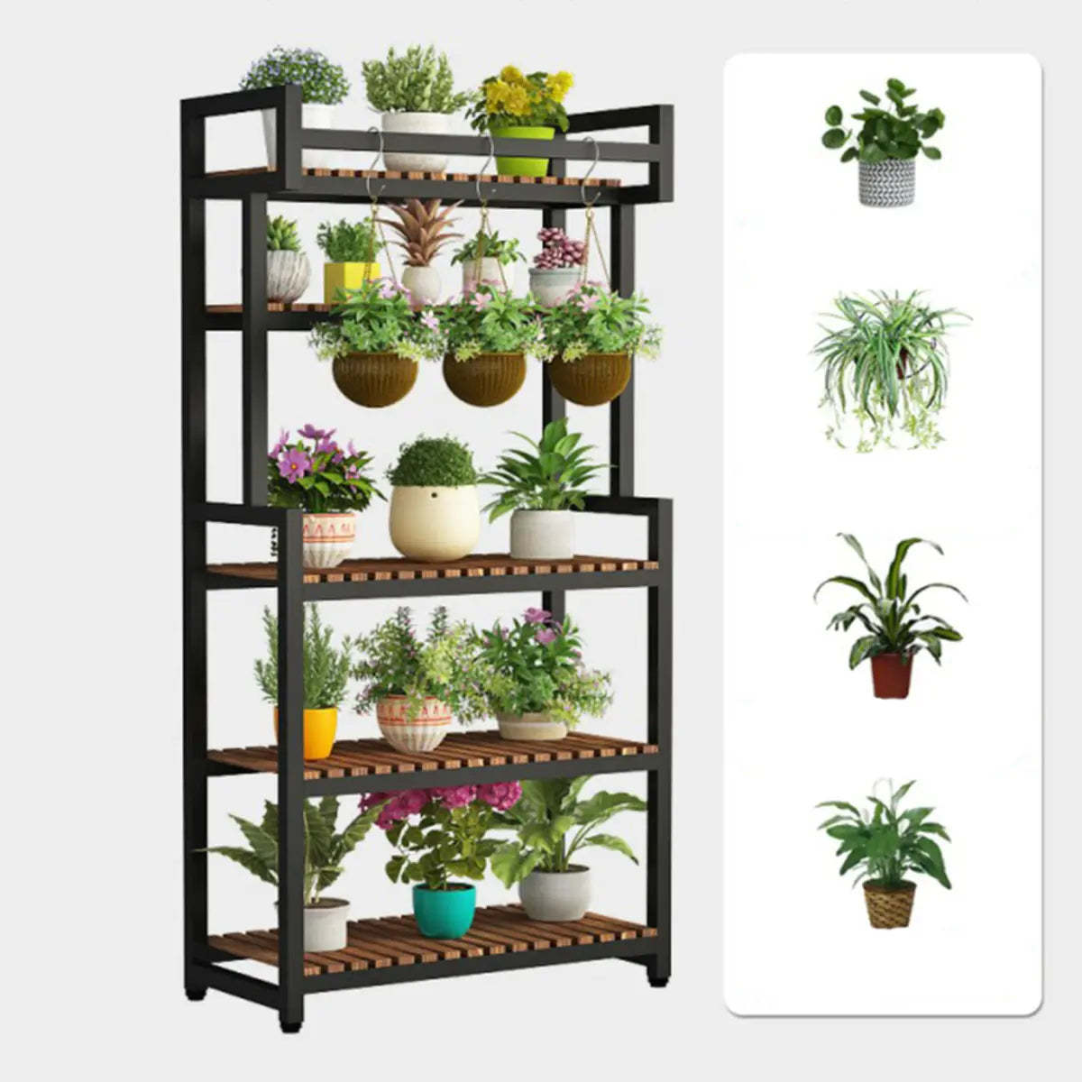 Classic Rectangle Wood Black Floor Plant Stand — Natural/ White / 5 Tiers