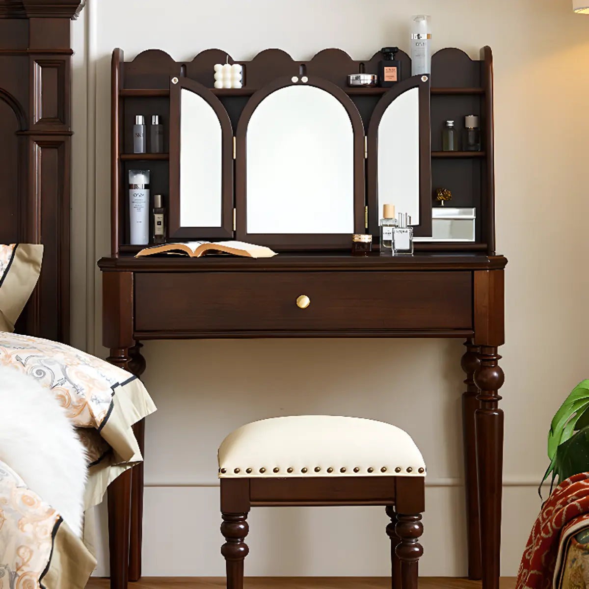Classic Rectangular Wood Brown Mirror Makeup Vanity