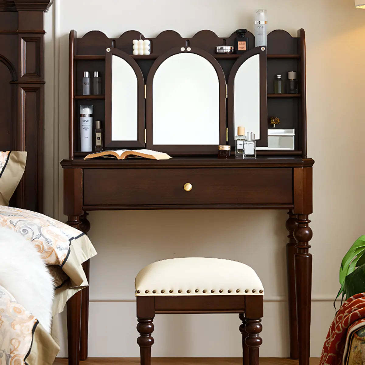 Classic Rectangular Wood Brown Mirror Makeup Vanity — Makeup Vanity & Stool
