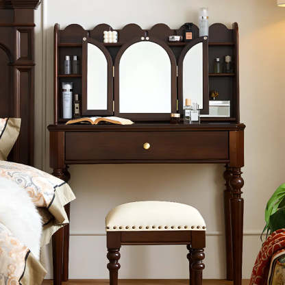 Classic Rectangular Wood Brown Mirror Makeup Vanity — Makeup Vanity & Stool
