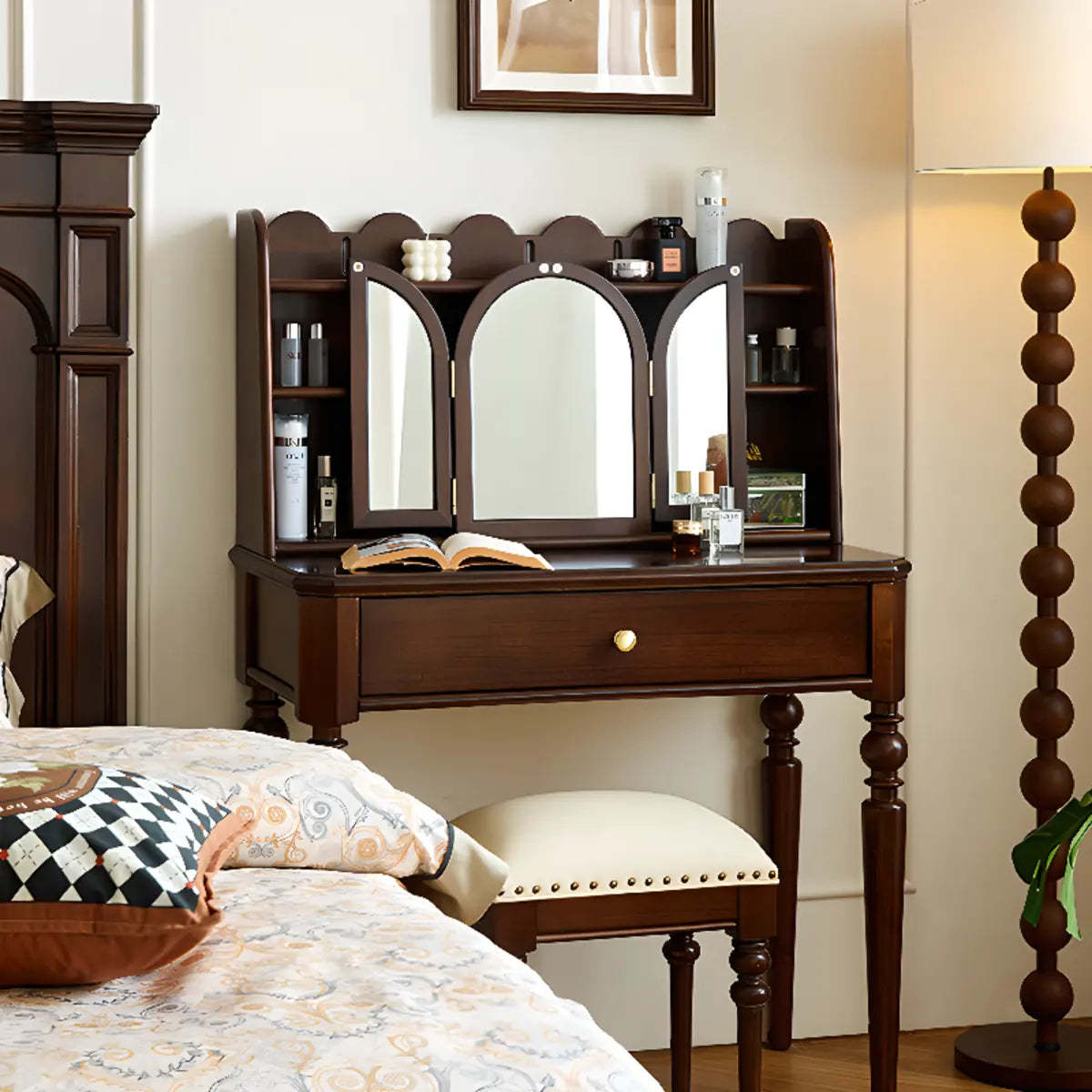 Classic Rectangular Wood Brown Mirror Makeup Vanity