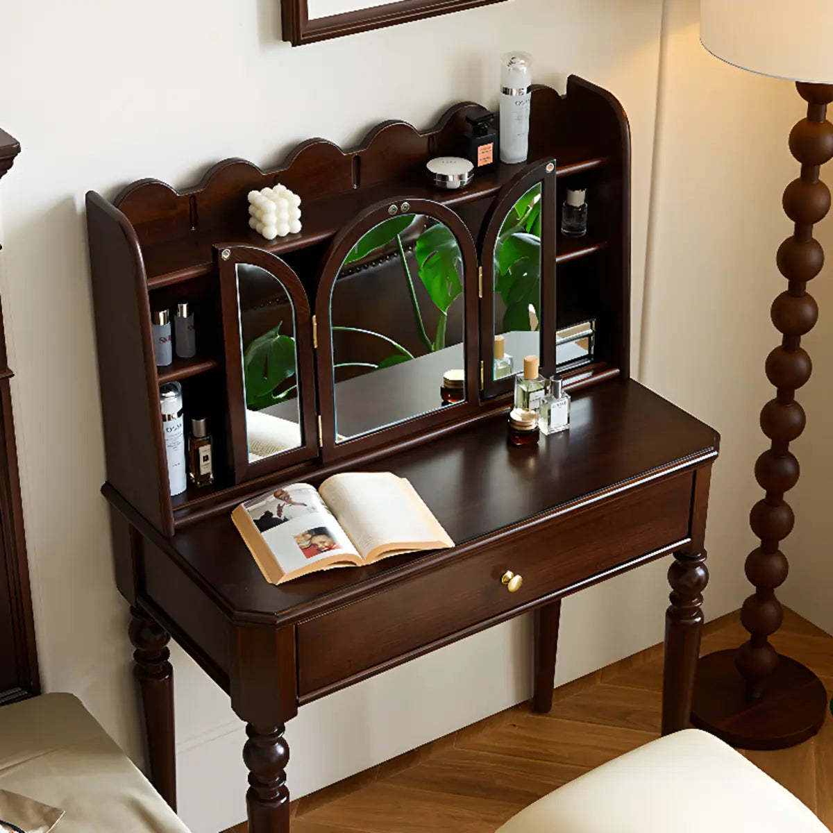 Classic Rectangular Wood Brown Mirror Makeup Vanity