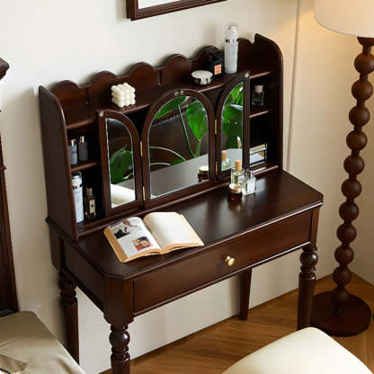 Classic Rectangular Wood Brown Mirror Makeup Vanity