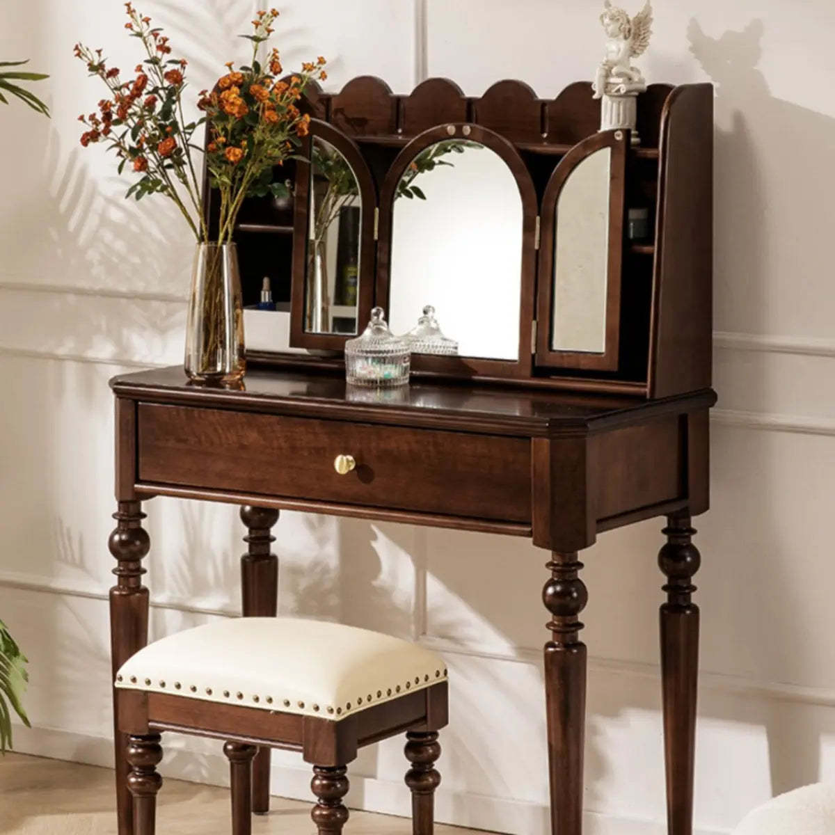Classic Rectangular Wood Brown Mirror Makeup Vanity