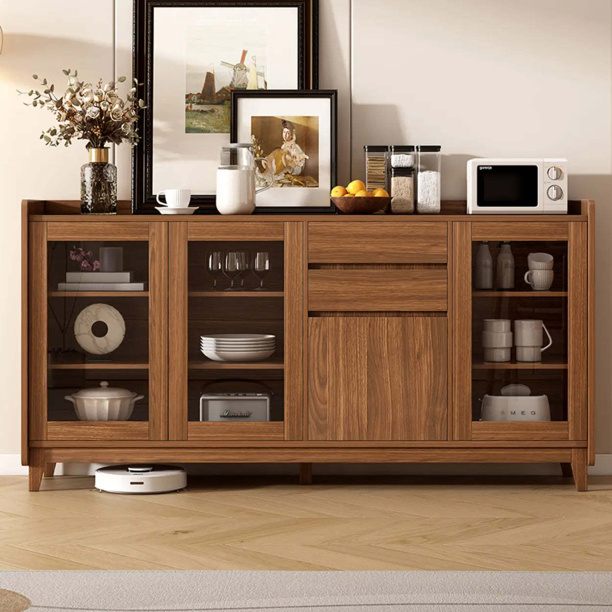 Classic Rectangular Brown Wood Short China Cabinet