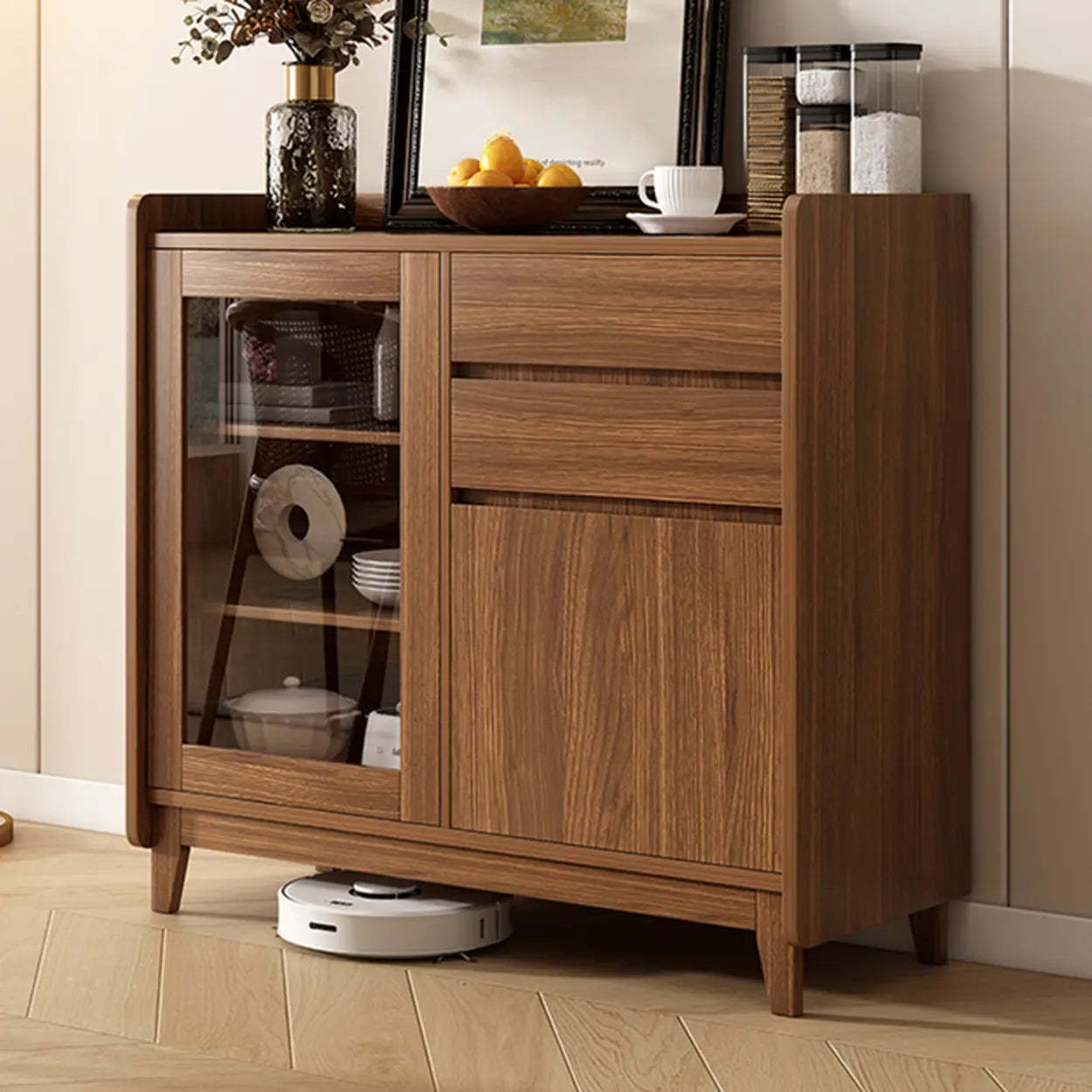 Classic Rectangular Brown Wood Short China Cabinet