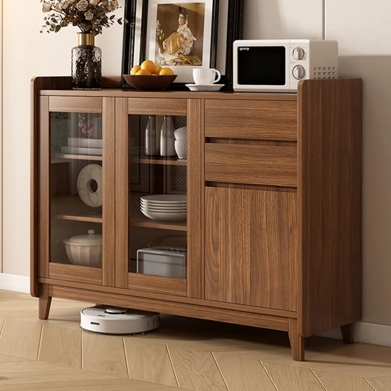 Classic Rectangular Brown Wood Short China Cabinet