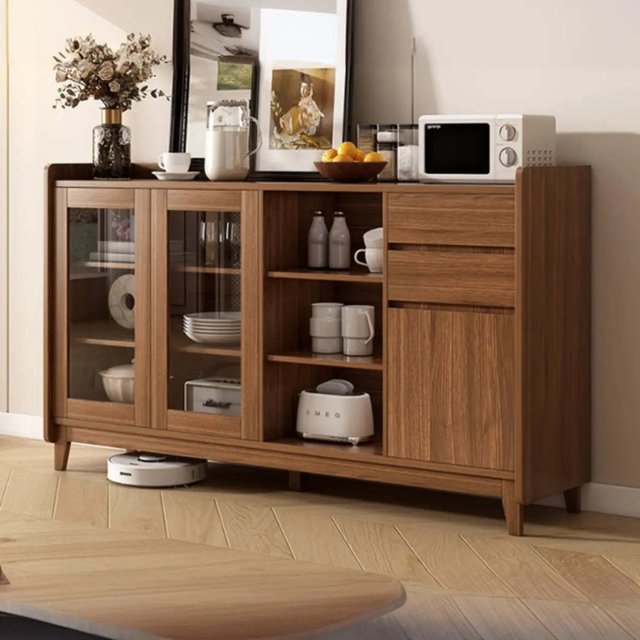 Classic Rectangular Brown Wood Short China Cabinet