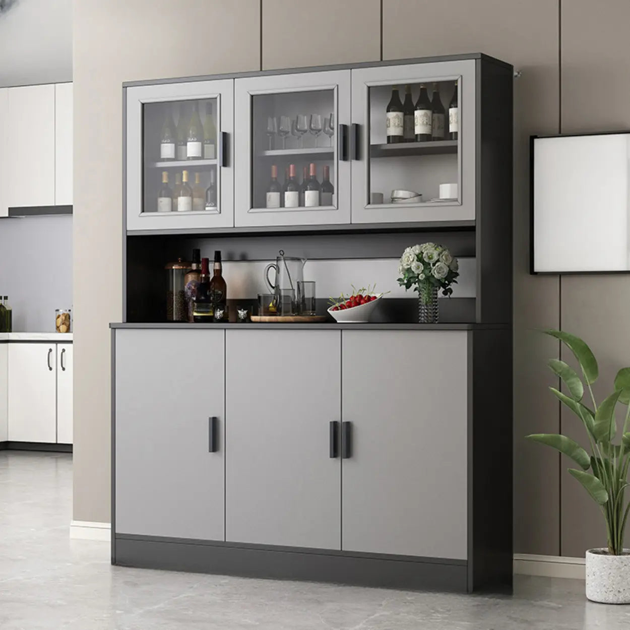 Classic Brown Wood Rectangular Wine Cabinet — Grey