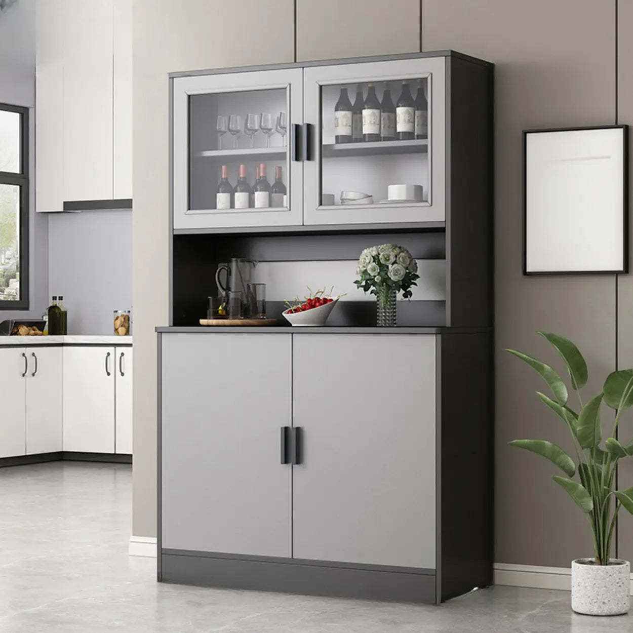 Classic Brown Wood Rectangular Wine Cabinet — Grey