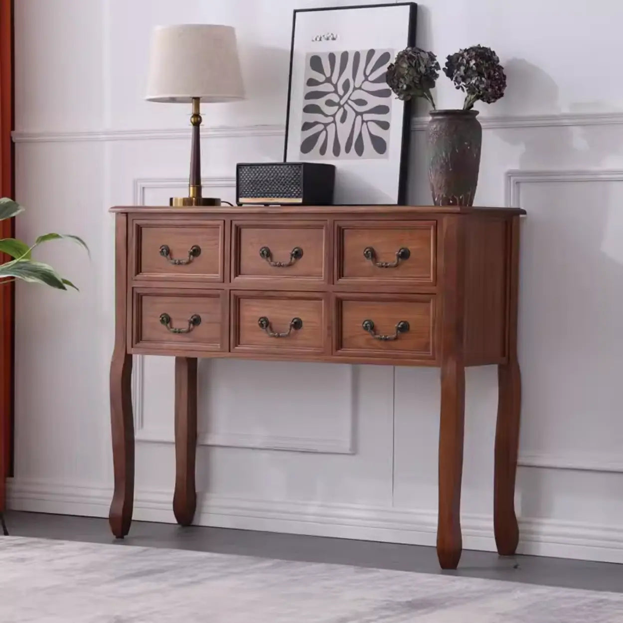 Classic Brown Wooden Storage Console Table — Dark Walnut