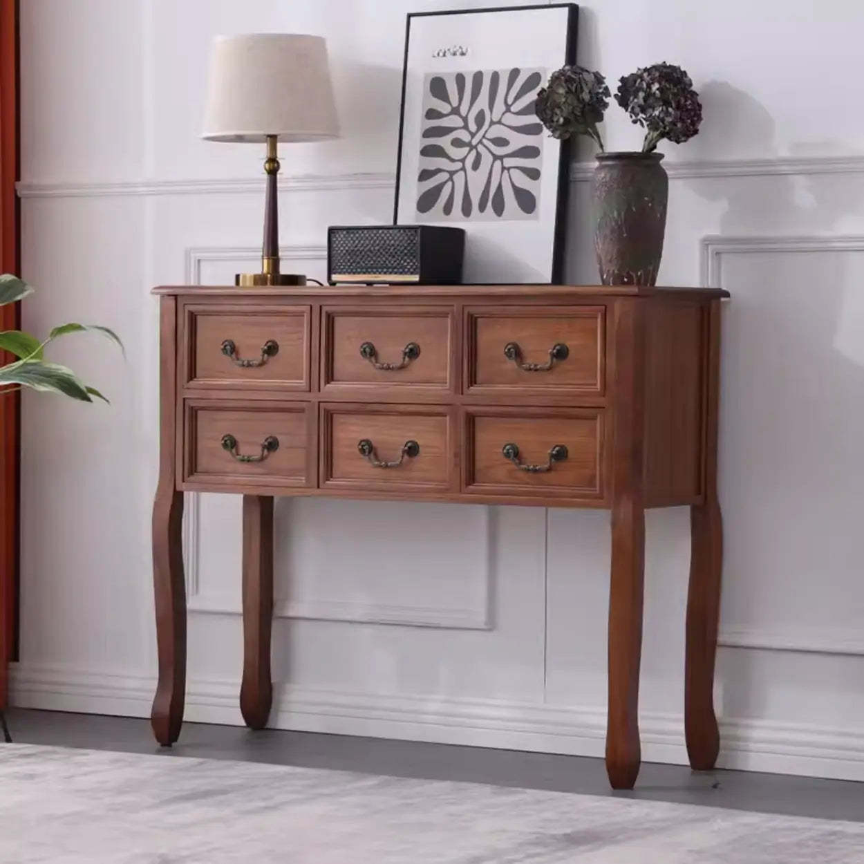 Classic Brown Wooden Storage Console Table — Dark Walnut