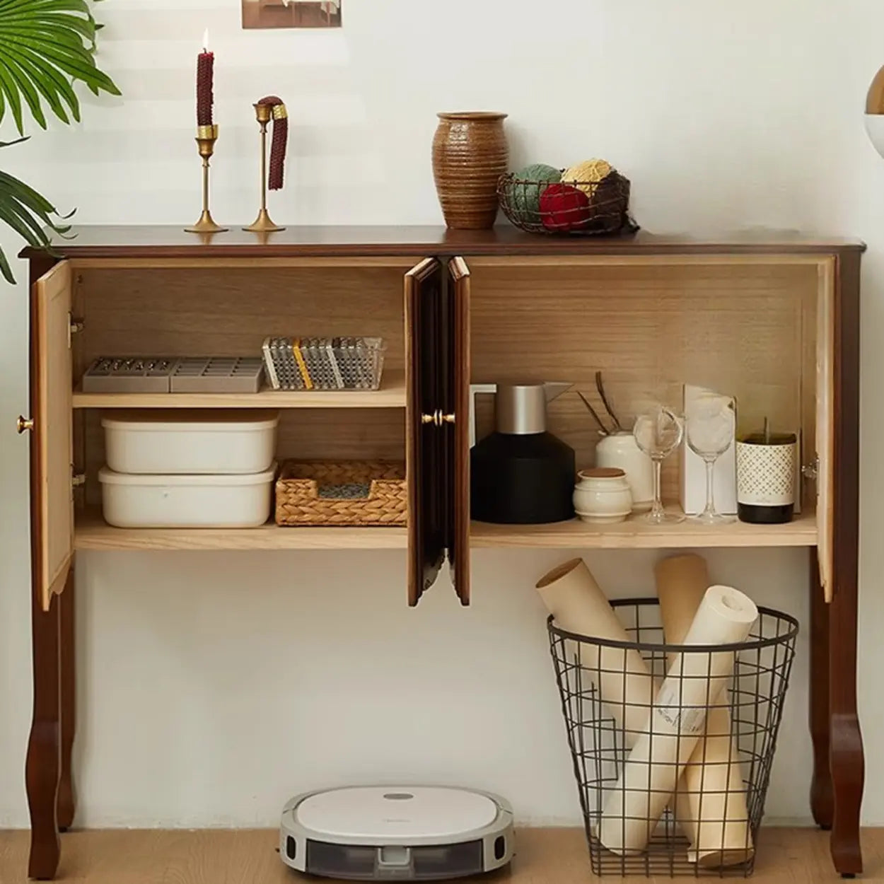 Classic Brown Wooden Storage Console Table — White