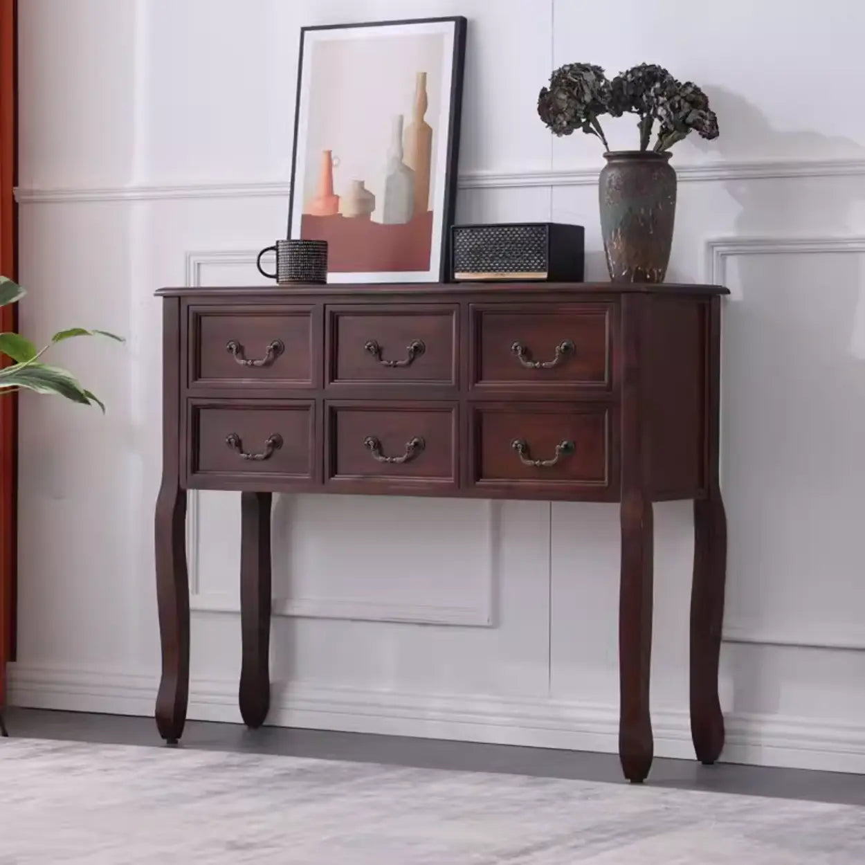 Classic Brown Wooden Storage Console Table — Dark Walnut