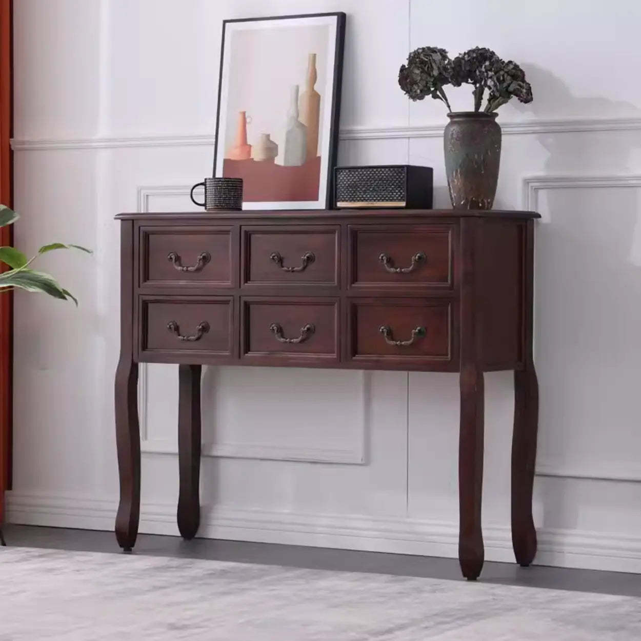 Classic Brown Wooden Storage Console Table — Dark Walnut