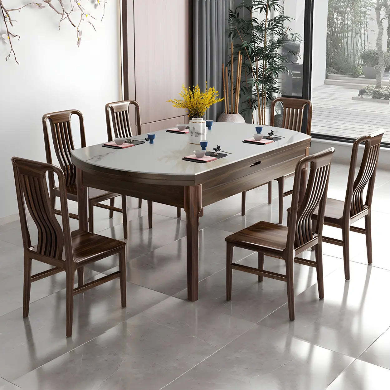 Classic Brown Round Stone Drop-Leaf Extension Dining Table — White / Table Only