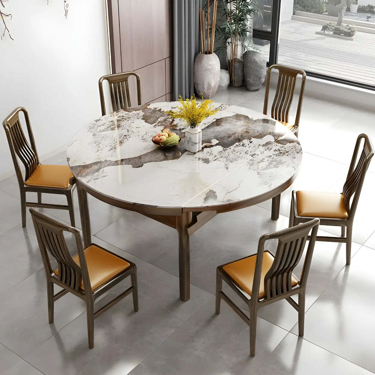 Classic Brown Round Stone Drop-Leaf Extension Dining Table — White / Table Only
