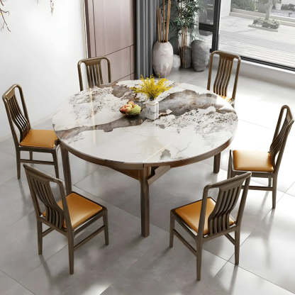 Classic Brown Round Stone Drop-Leaf Extension Dining Table — White / Table Only