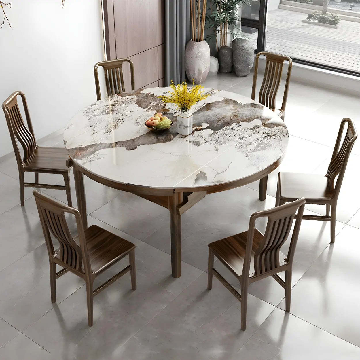 Classic Brown Round Stone Drop-Leaf Extension Dining Table — Pandora Gold / Table Only
