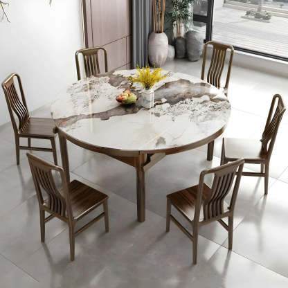 Classic Brown Round Stone Drop-Leaf Extension Dining Table — Pandora Gold / Table Only