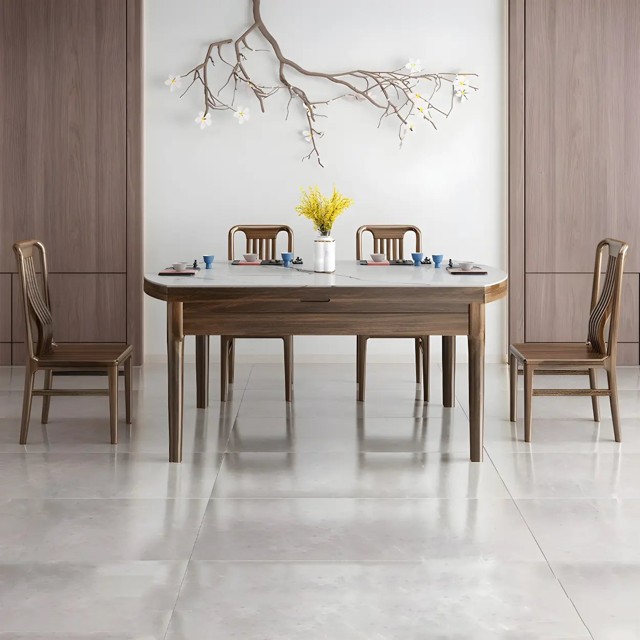 Classic Brown Round Stone Drop-Leaf Extension Dining Table — Pandora Gold / Table Only
