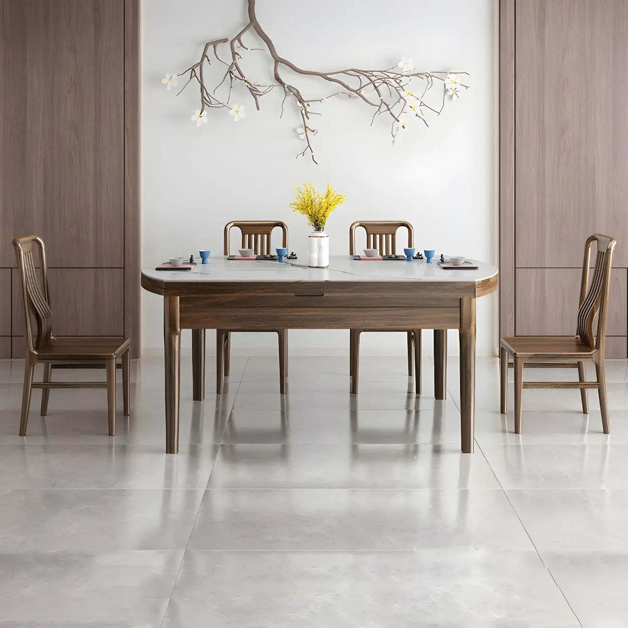 Classic Brown Round Stone Drop-Leaf Extension Dining Table — Pandora Gold / Table Only