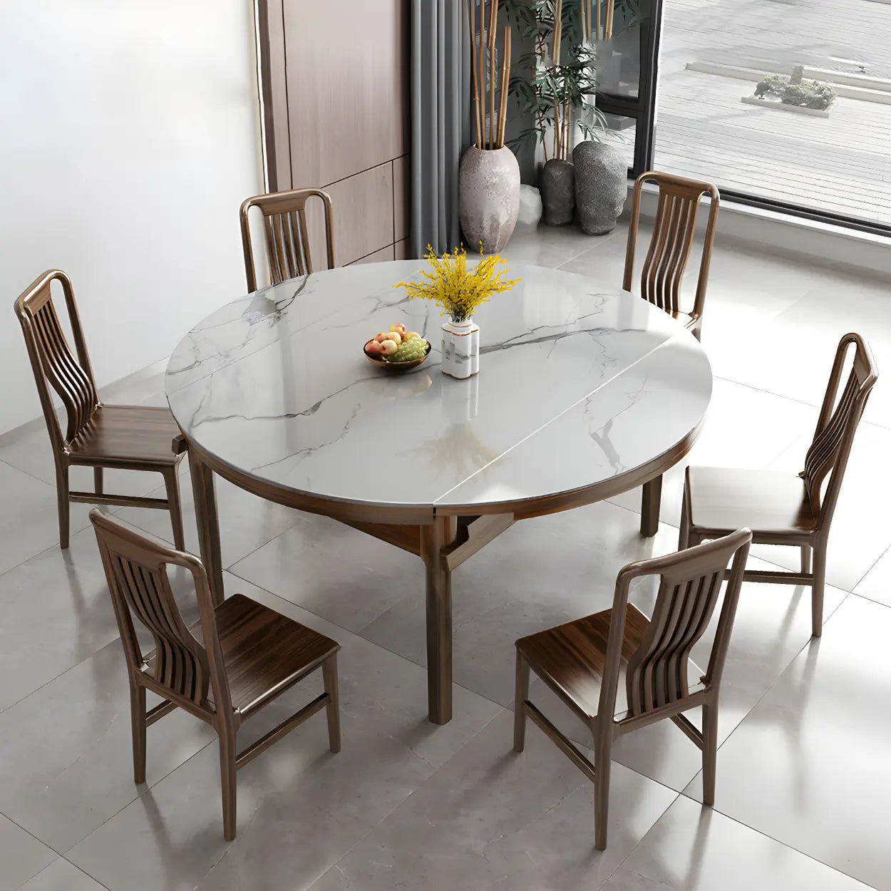 Classic Brown Round Stone Drop-Leaf Extension Dining Table