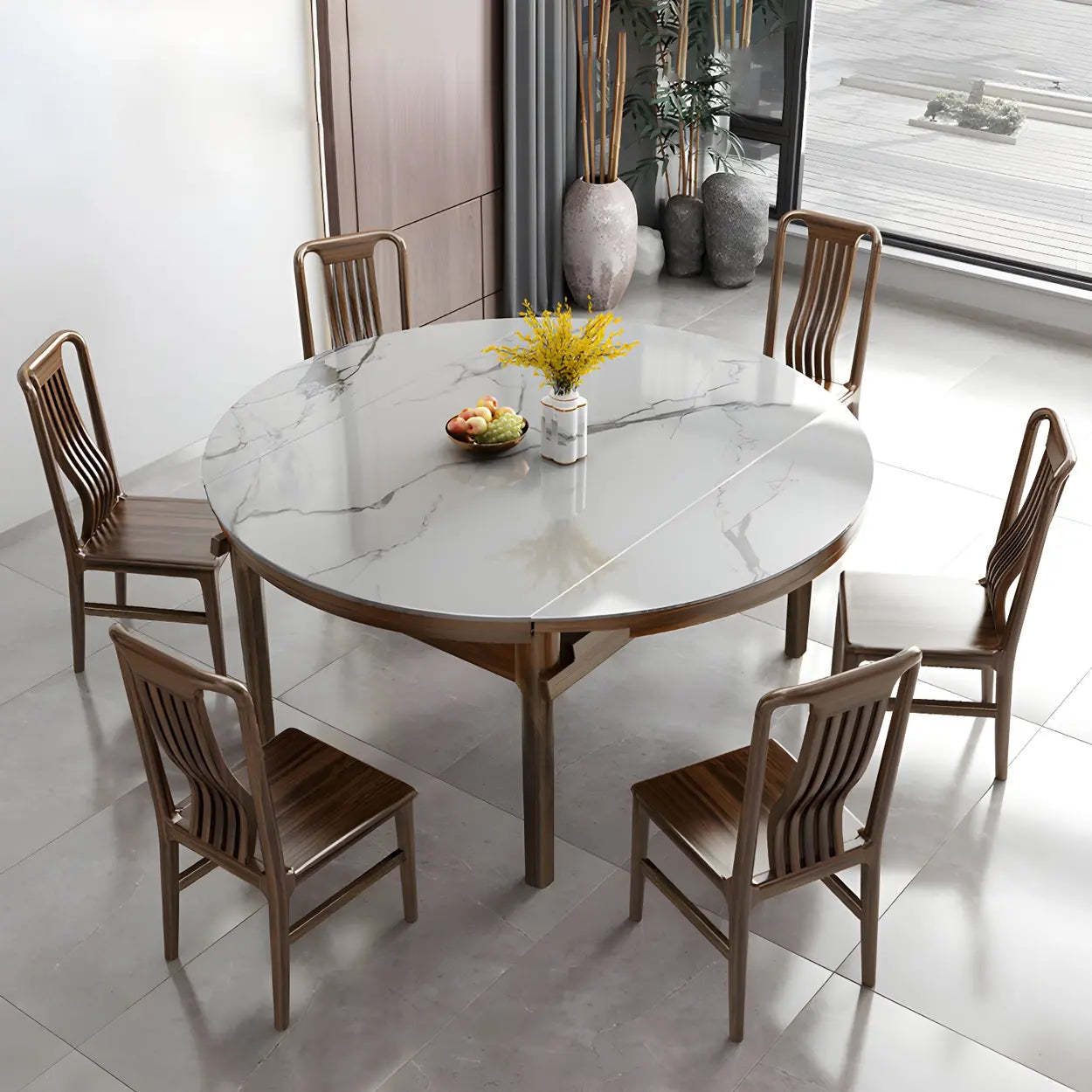 Classic Brown Round Stone Drop-Leaf Extension Dining Table