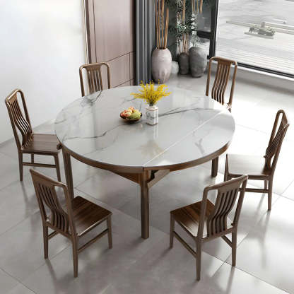Classic Brown Round Stone Drop-Leaf Extension Dining Table