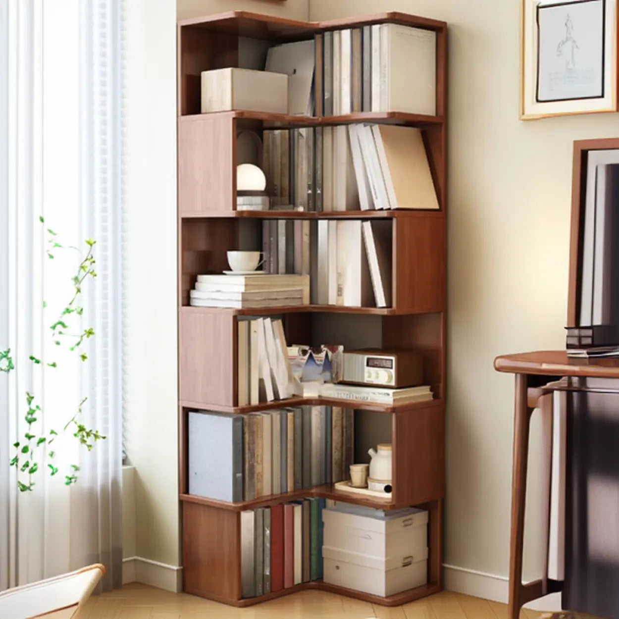 Rubberwood L-Shape Tall Corner Bookcase