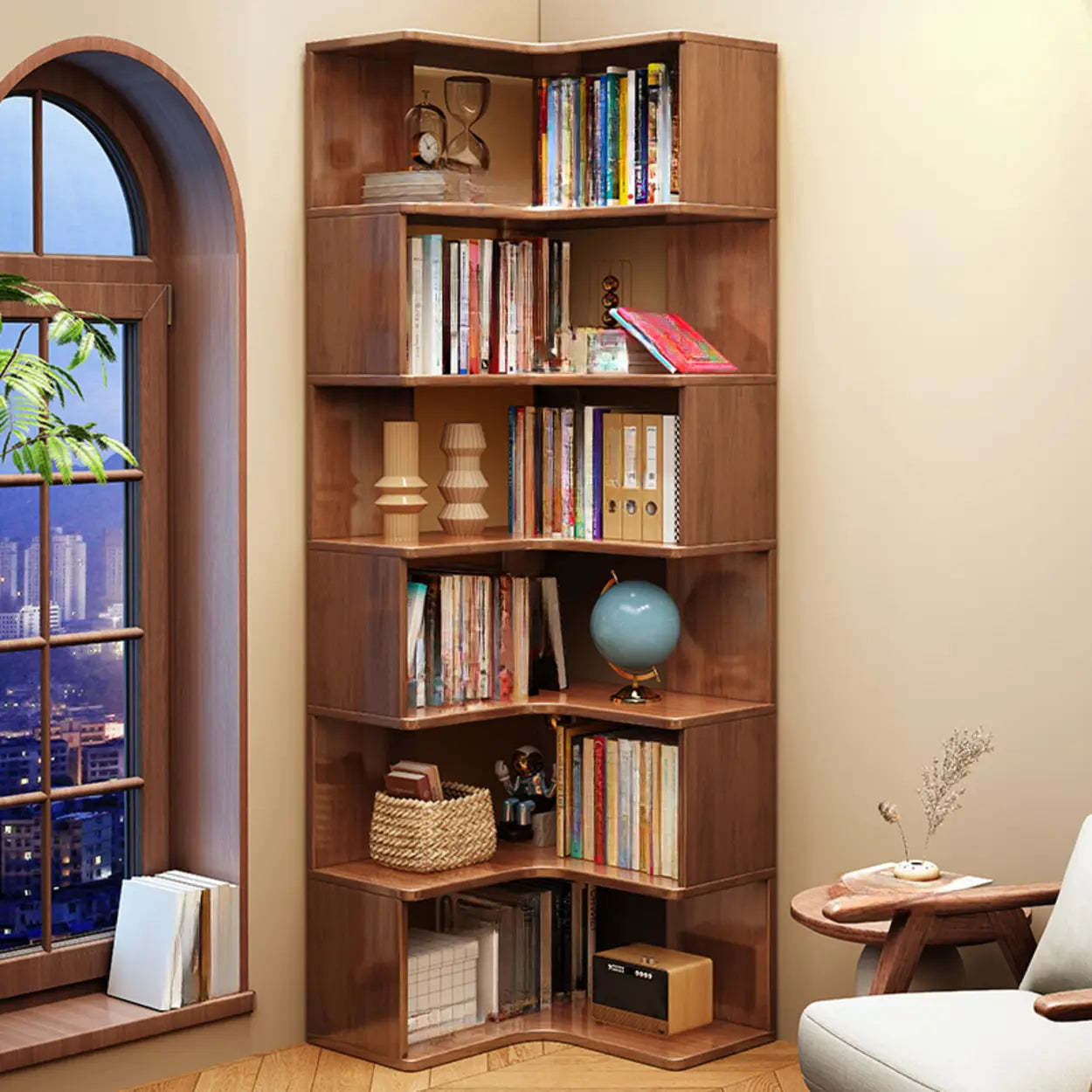 Rubberwood L-Shape Tall Corner Bookcase — Walnut