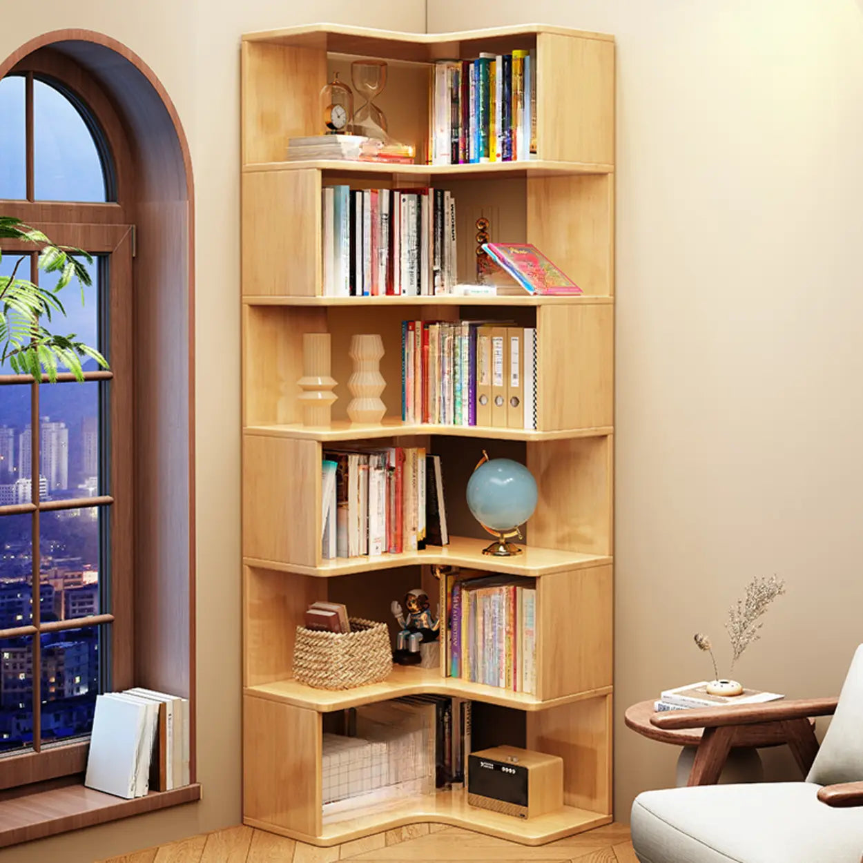 Rubberwood L-Shape Tall Corner Bookcase — Walnut