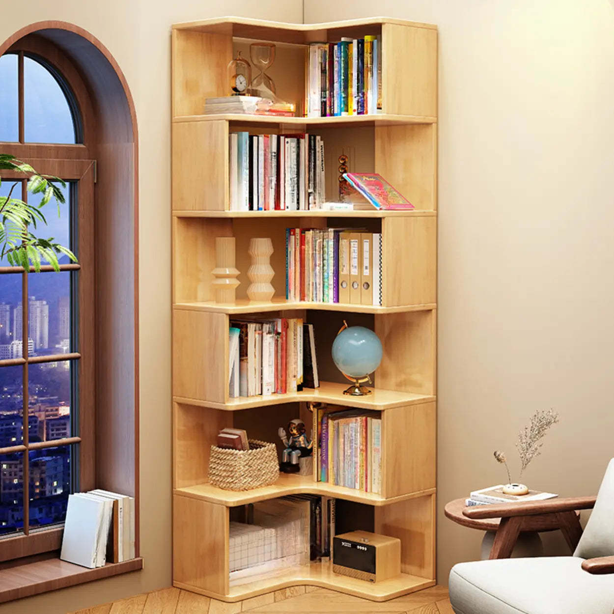Rubberwood L-Shape Tall Corner Bookcase — Walnut