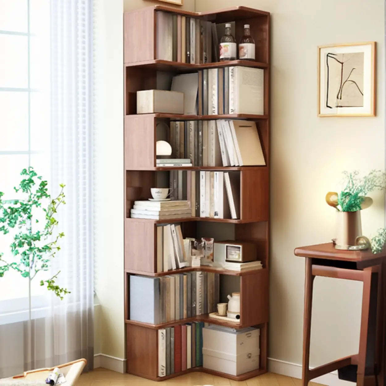 Rubberwood L-Shape Tall Corner Bookcase — Walnut