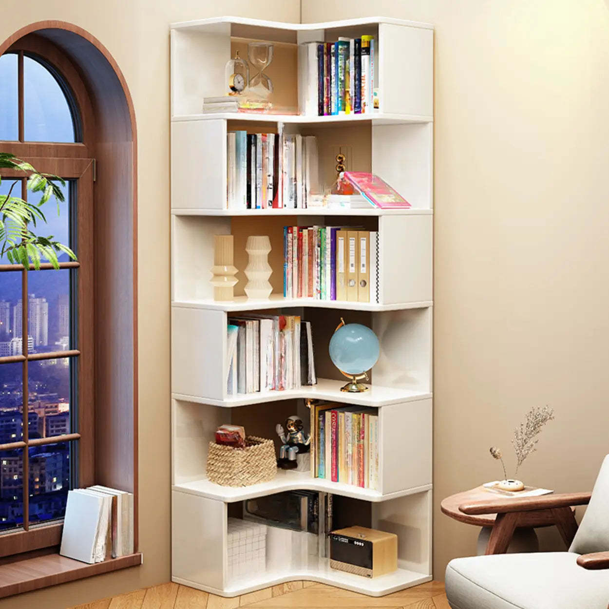 Rubberwood L-Shape Tall Corner Bookcase — Grey