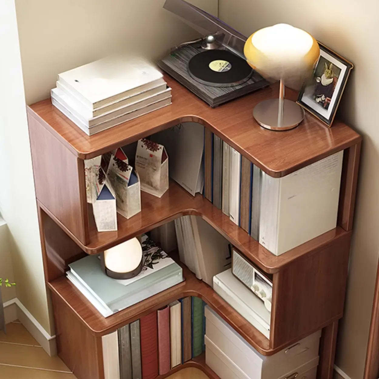 Rubberwood L-Shape Tall Corner Bookcase — Natural Finish