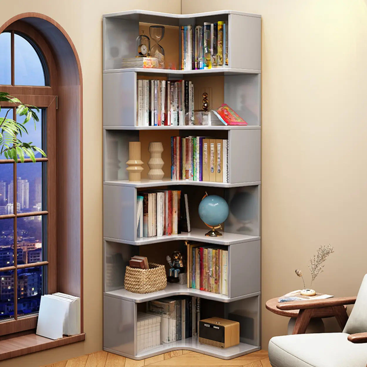 Rubberwood L-Shape Tall Corner Bookcase — White