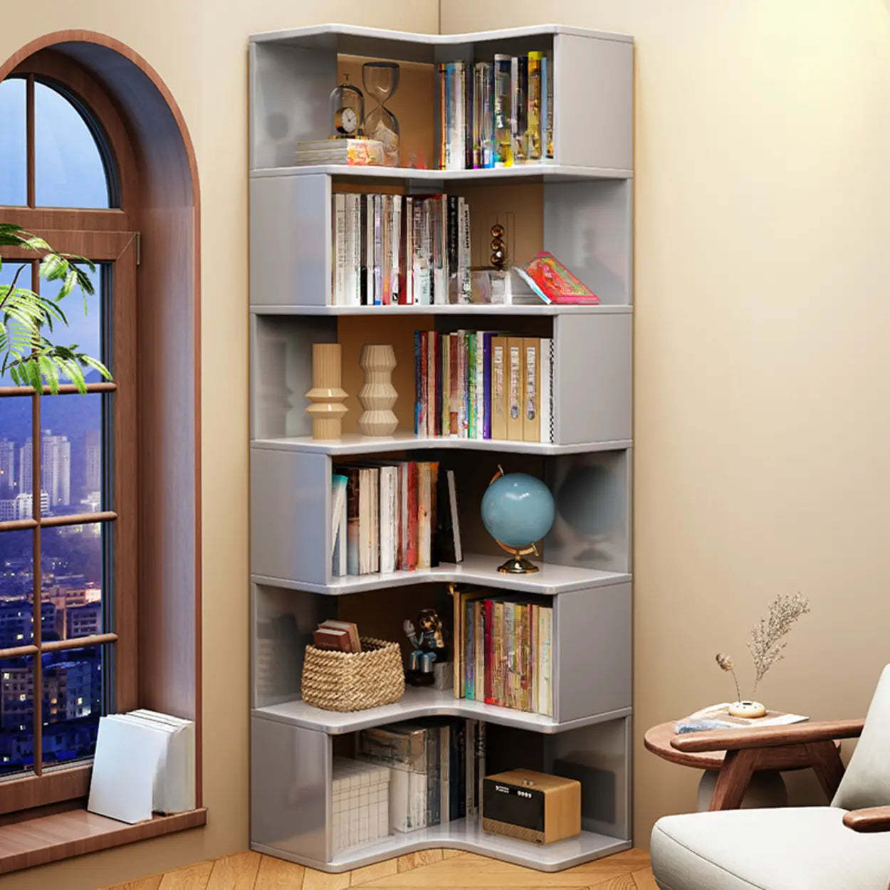 Rubberwood L-Shape Tall Corner Bookcase — White