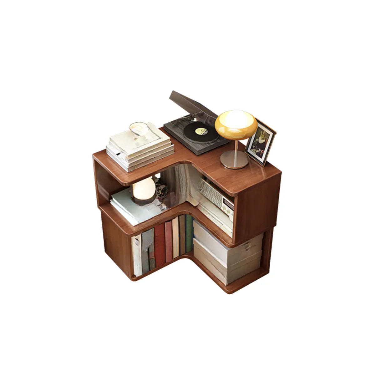 Rubberwood L-Shape Tall Corner Bookcase — Walnut