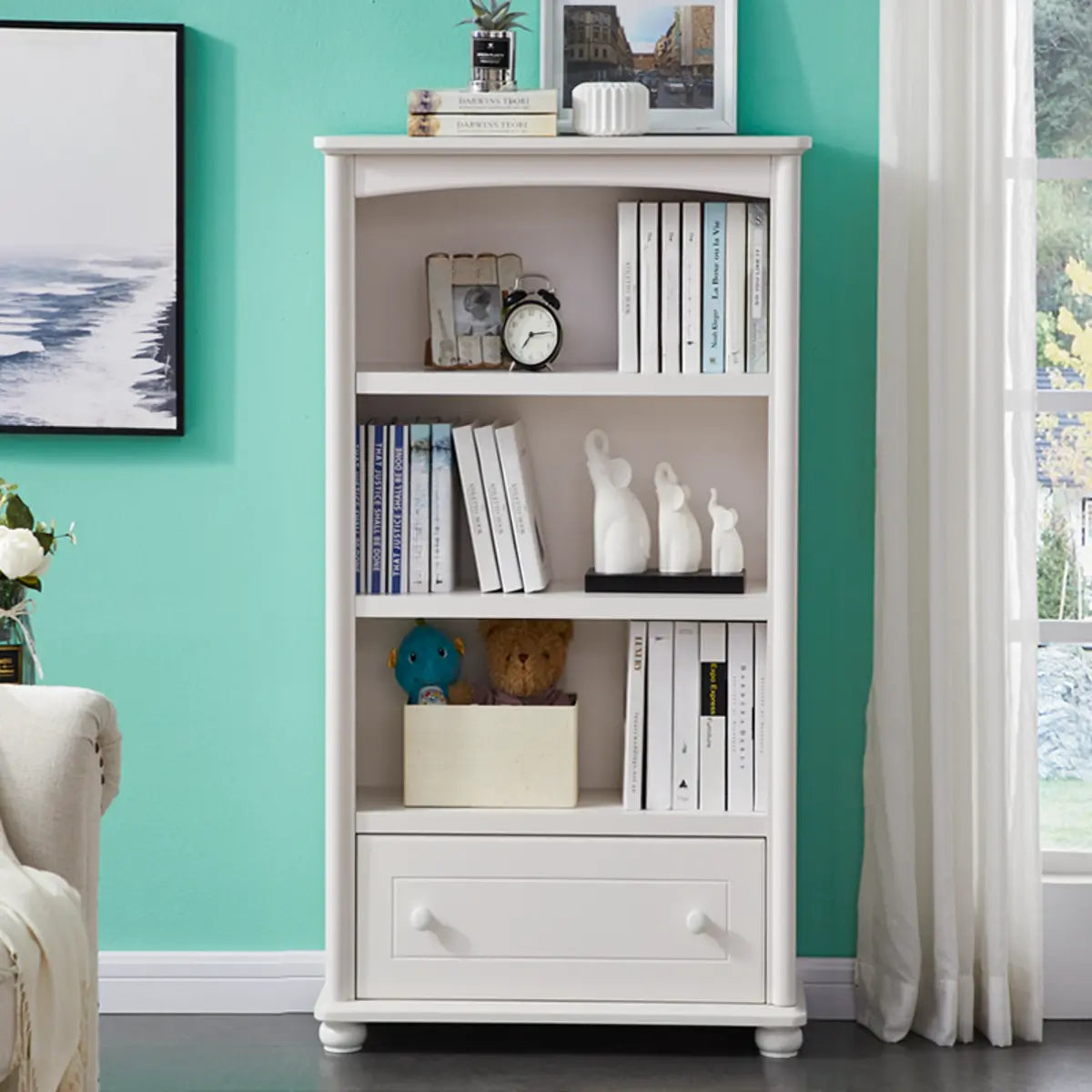 Classic White Rectangular Wood Storage Bookcase